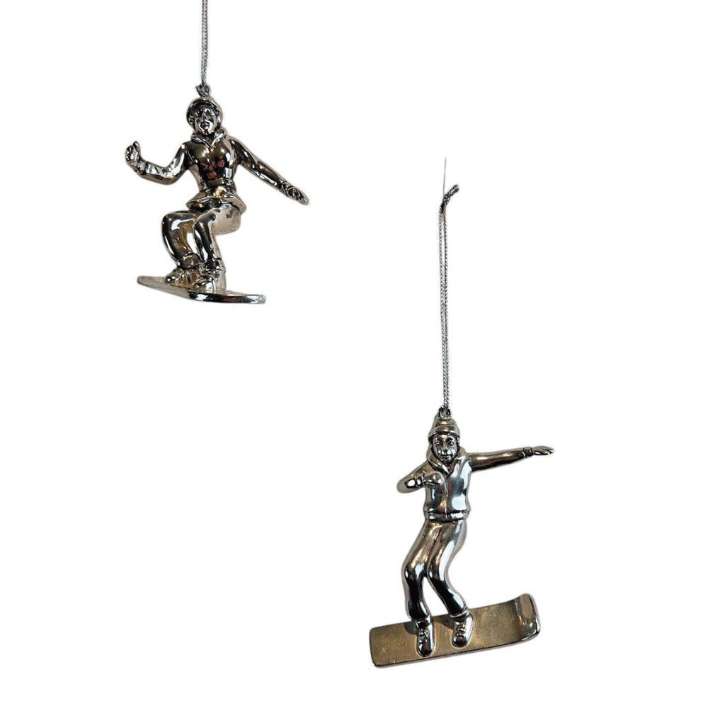 Christmas Ornaments Snow Boarding‎ Skiing (Lot Of 2) Polished Silver Finish